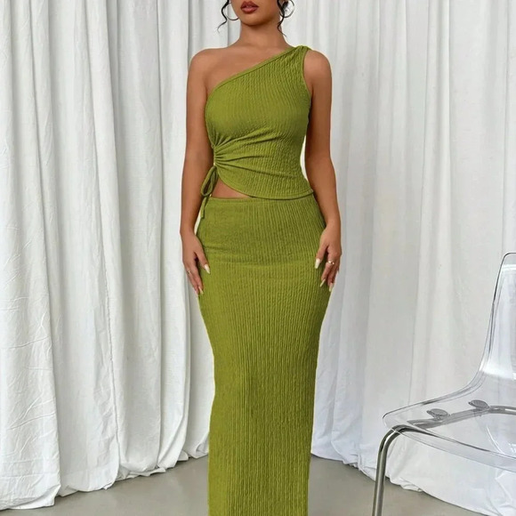 Olive Green Elegant Women's Cutout Drawstring Blouse And Mini Skirt - Picture 6 of 6